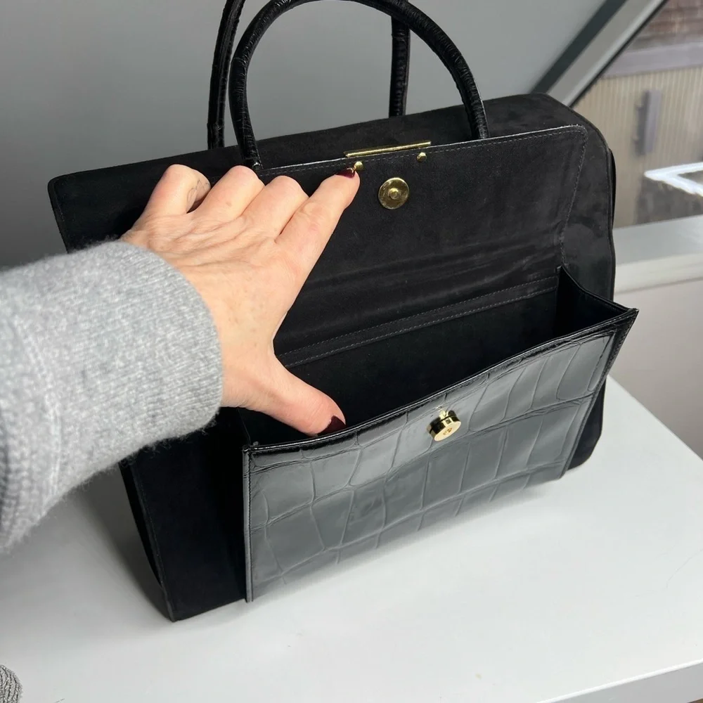 Escada Black Croc Embossed Leather Suede Pocket Structured Satchel Tote Bag